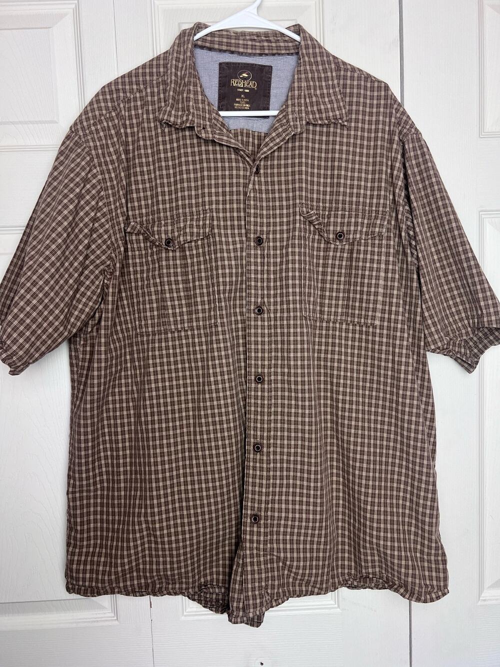 Red Head Men's Short Sleeve Brown Plaid 100% Cotton Button Down Shirt Size XL